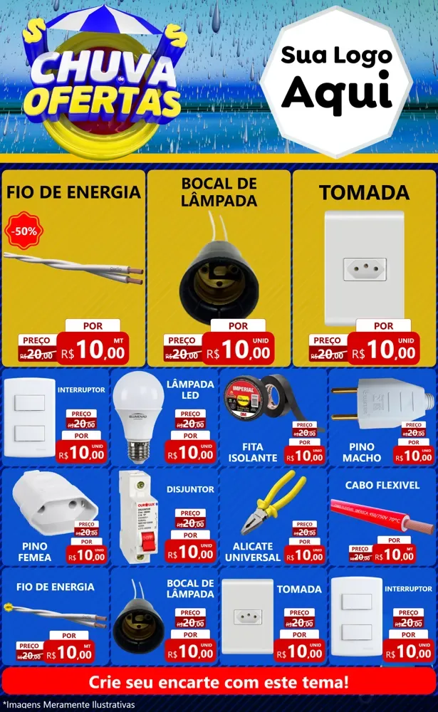 Modelo de Encarte para Encarte Grande com o tema Chuva de Ofertas para Materiais Elétricos