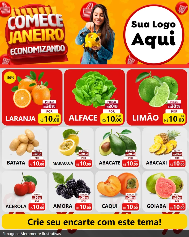 Modelo de Rede Social para Feed Instagram com o tema Comece Janeiro Economizando para Hortifrúti