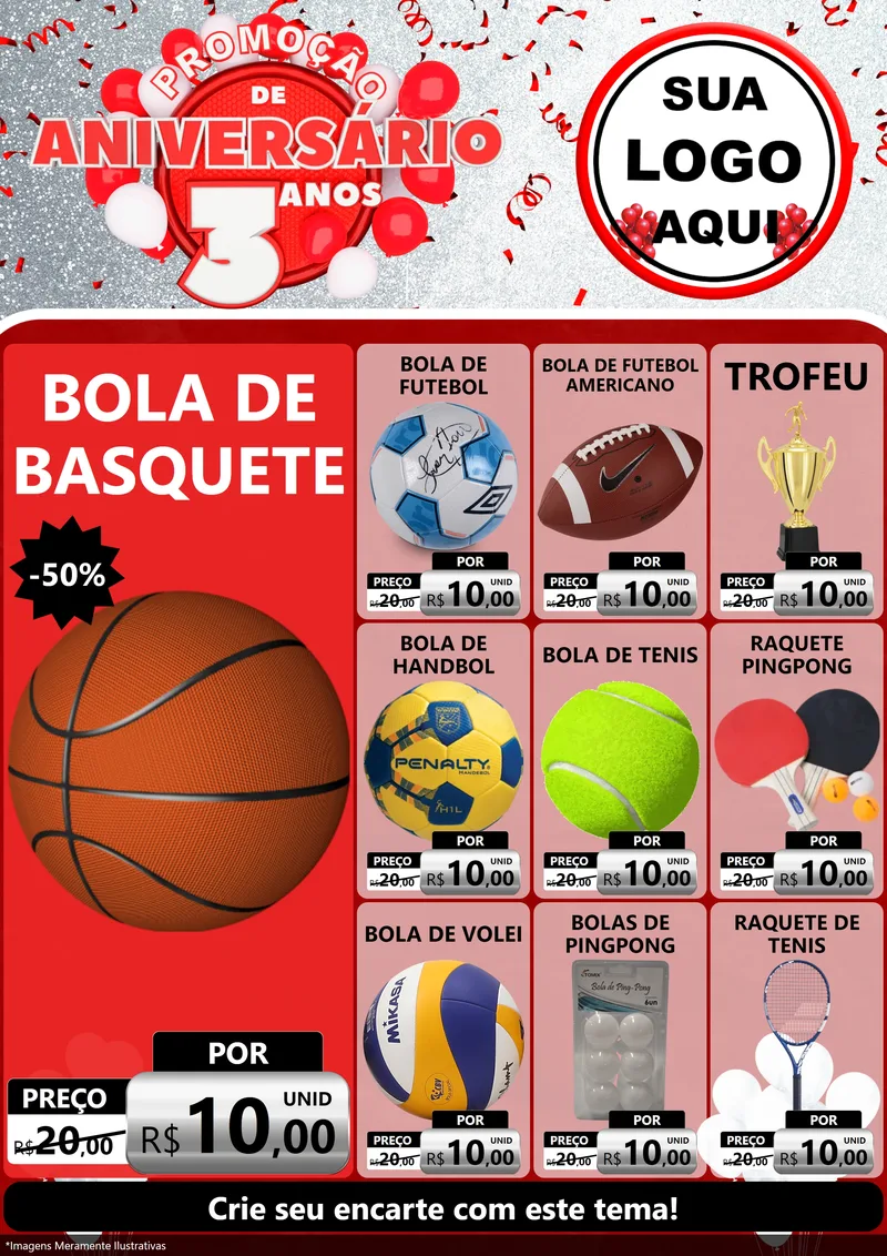 Modelo de Encarte para Encarte A4 Vertical com o tema Promoção de Aniversário - 3 Anos para Artigos Esportivos