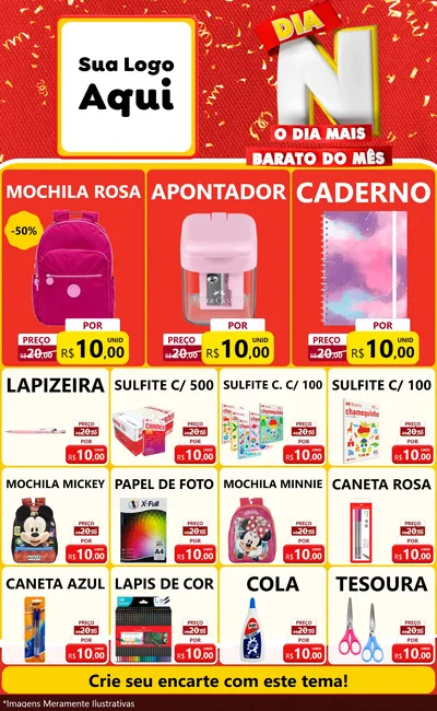 Modelo de Encarte para Encarte Grande com o tema Dia N o Dia Mais Barato do Mês para Papelaria