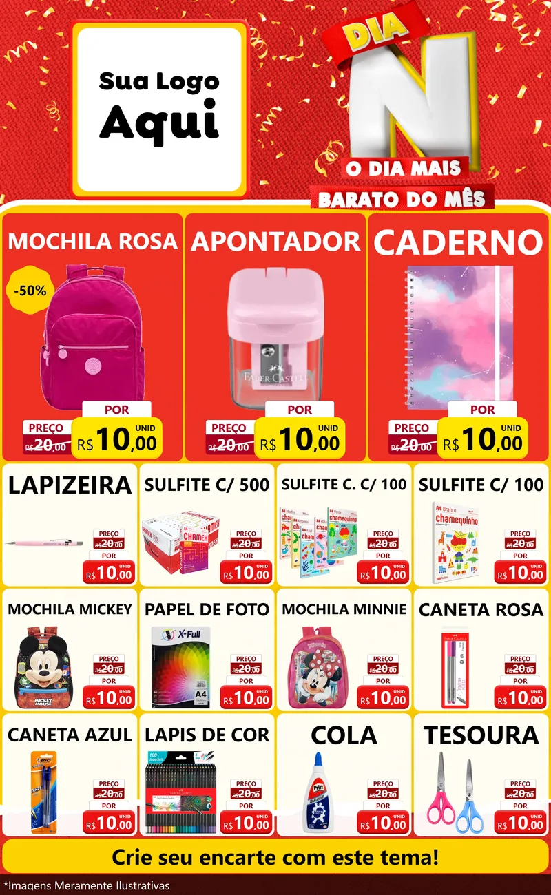Modelo de Encarte para Encarte Grande com o tema Dia N o Dia Mais Barato do Mês para Papelaria