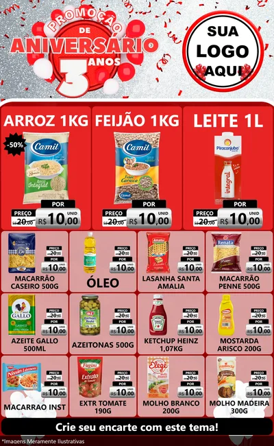 Modelo de Encarte para Encarte Grande com o tema Promoção de Aniversário - 3 Anos para Supermercado