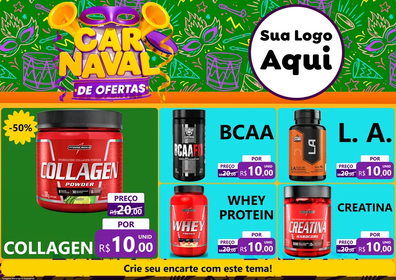 Modelo de Encarte para Encarte A4 Horizontal com o tema Carnaval de Ofertas para Suplementos alimentares