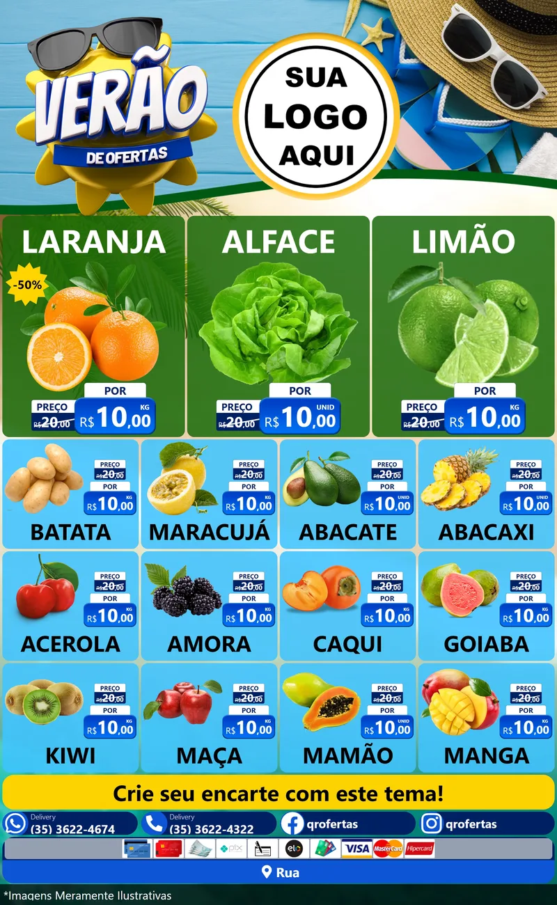 Modelo de Encarte para Encarte Grande com o tema Verão de Ofertas para Hortifrúti