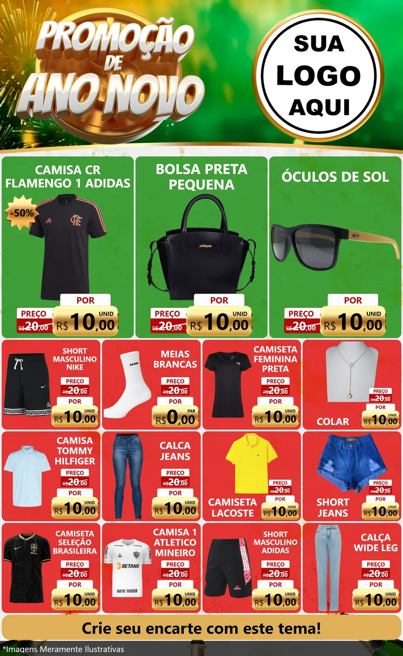 Modelo de Encarte para Encarte Grande com o tema Promoção de Ano Novo para Roupas e acessórios