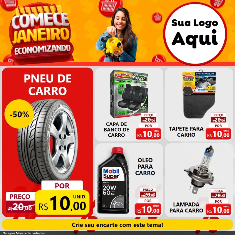 Modelo de Rede Social para Feed Facebook com o tema Comece Janeiro Economizando para Auto peças