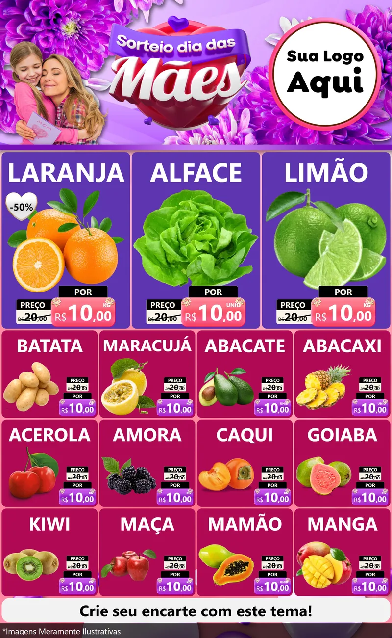 Modelo de Encarte para Encarte Grande com o tema Sorteio Dia das Mães para Hortifrúti