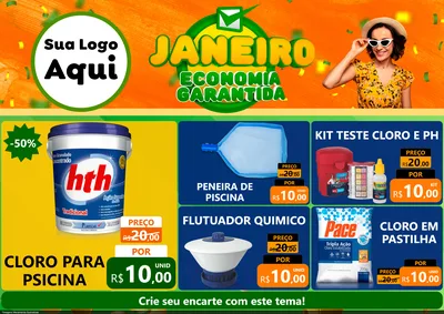 Modelo de Encarte para Encarte A4 Horizontal com o tema Janeiro - Economia Garantida para Produtos para Piscina