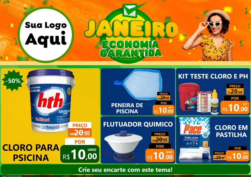 Modelo de Encarte para Encarte A4 Horizontal com o tema Janeiro - Economia Garantida para Produtos para Piscina