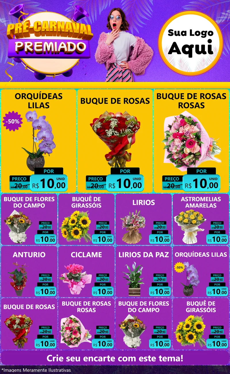 Modelo de Encarte para Encarte Grande com o tema Pré-Carnaval Premiado para Floricultura e jardim