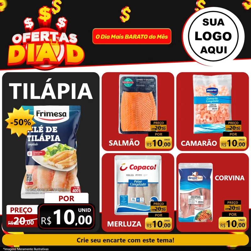 Modelo de Rede Social para Feed Facebook com o tema Ofertas Dia D para Peixaria