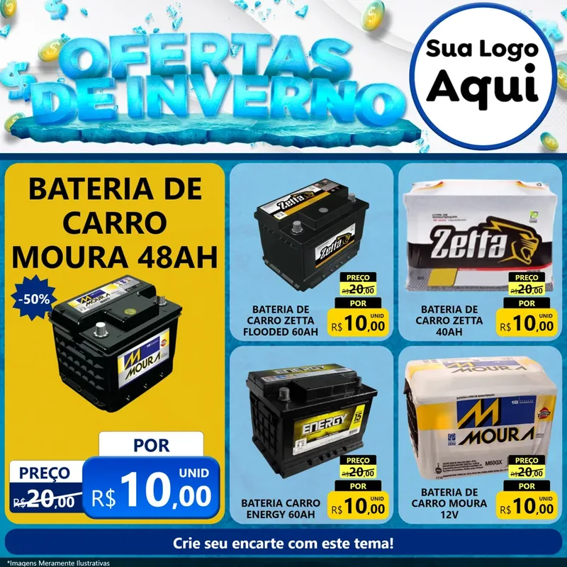 Modelo de Rede Social para Feed Facebook com o tema Ofertas de Inverno para Baterias Elétricas