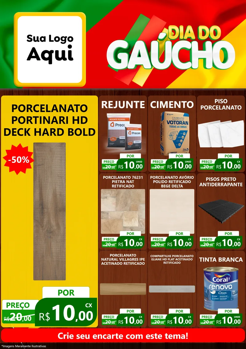 Modelo de Encarte para Encarte A4 Vertical com o tema Dia do Gaúcho para Pisos e revestimentos
