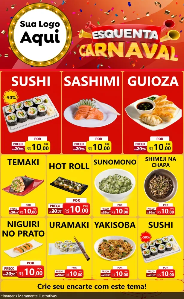 Modelo de Encarte para Encarte Grande com o tema Esquenta Carnaval para Comida japonesa