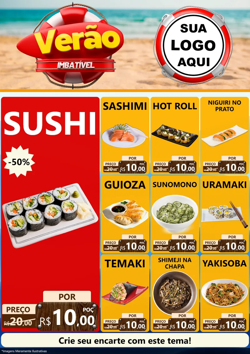 Modelo de Encarte para Encarte A4 Vertical com o tema Verão Imbatível para Comida japonesa