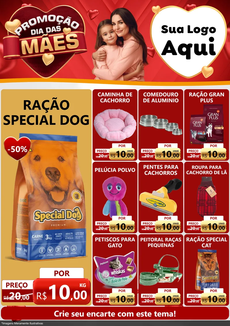 Modelo de Encarte para Encarte A4 Vertical com o tema Promoção Dia das Mães para Pet Shop