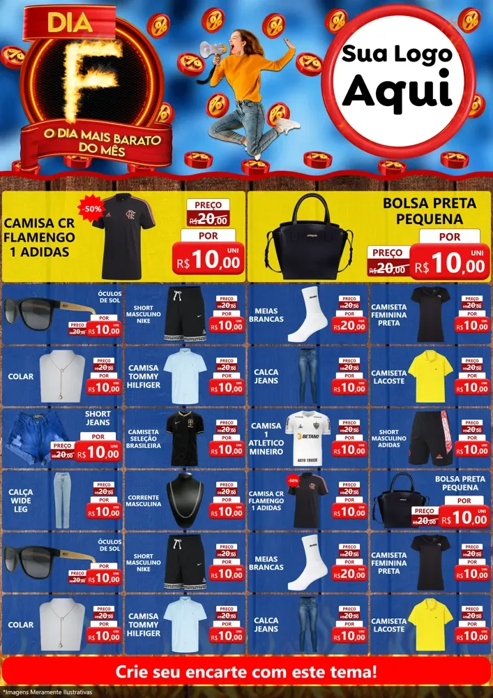 Modelo de Encarte para Encarte A4 Vertical com o tema Dia F - O Dia Mais Barato Do Mês para Roupas e acessórios