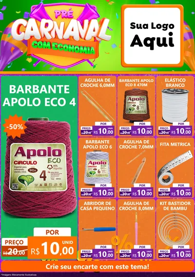 Modelo de Encarte para Encarte A4 Vertical com o tema Pré-Carnaval Com Economia para Armarinho e Aviamentos