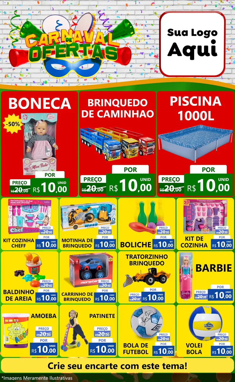 Modelo de Encarte para Encarte Grande com o tema Carnaval de Ofertas para Brinquedos