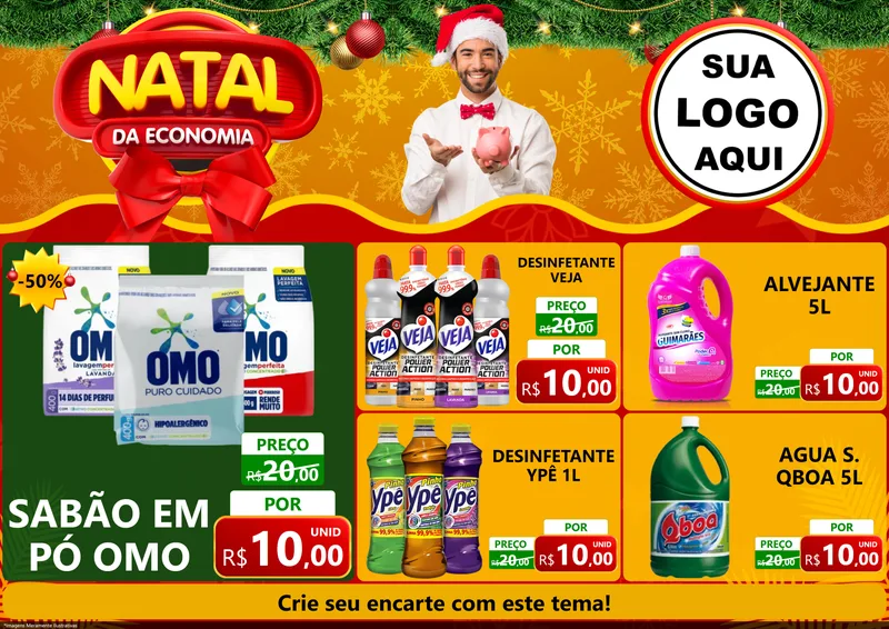 Modelo de Encarte para Encarte A4 Horizontal com o tema Natal da Economia para Produtos de Limpeza