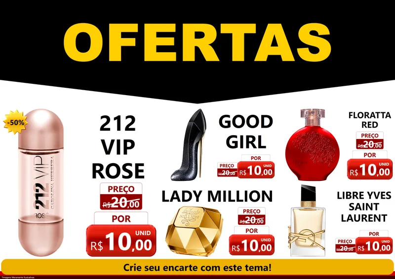 Modelo de Encarte para Encarte A4 Horizontal com o tema Ofertas Preto e Vermelho Cartaz para Perfumes