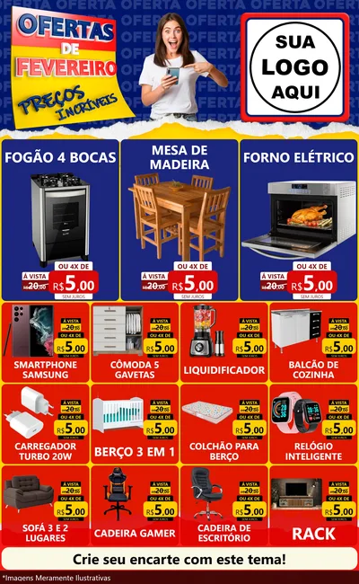 Modelo de Encarte para Encarte Grande com o tema Ofertas de Fevereiro - Preços Incríveis para Móveis e Eletro