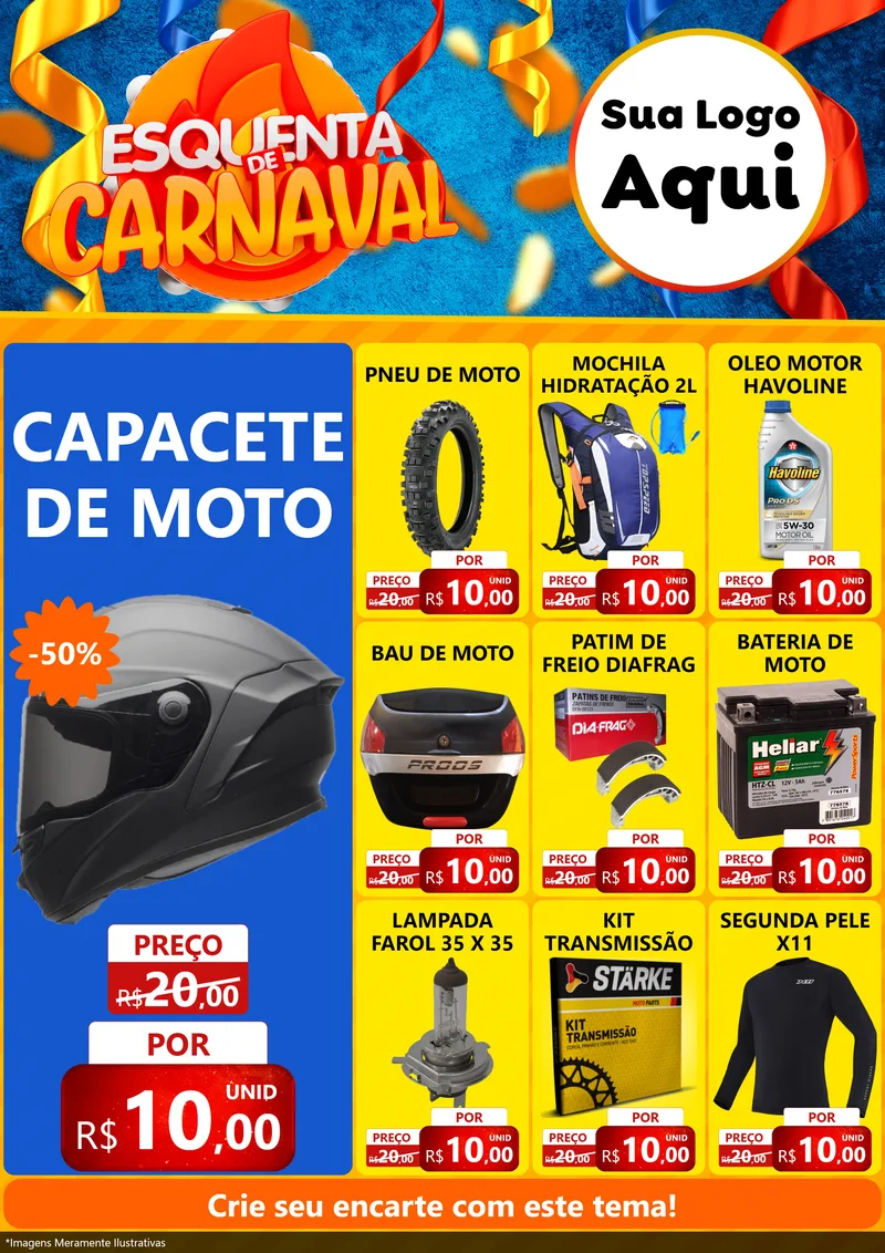 Modelo de Encarte para Encarte A4 Vertical com o tema Esquenta de Carnaval para Moto peças