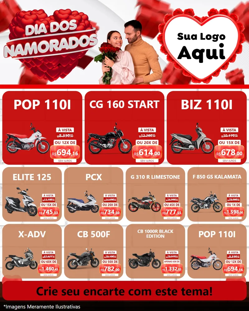 Modelo de Rede Social para Feed Instagram com o tema Dia dos Namorados para Concessionaria de Motos