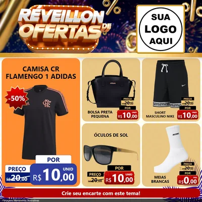 Modelo de Rede Social para Feed Facebook com o tema Réveillon de Ofertas para Roupas e acessórios