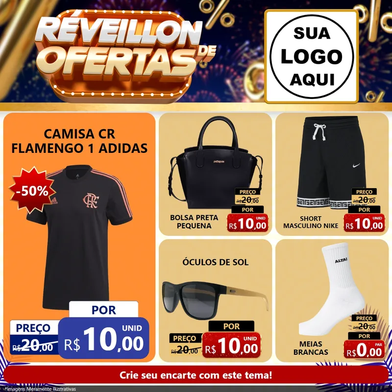 Modelo de Rede Social para Feed Facebook com o tema Réveillon de Ofertas para Roupas e acessórios