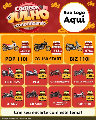 Modelo de Rede Social para Feed Instagram com o tema Comece Julho Economizando para Concessionaria de Motos