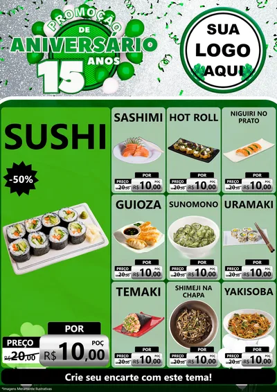 Modelo de Encarte para Encarte A4 Vertical com o tema Promoção de Aniversário - 15 Anos para Comida japonesa