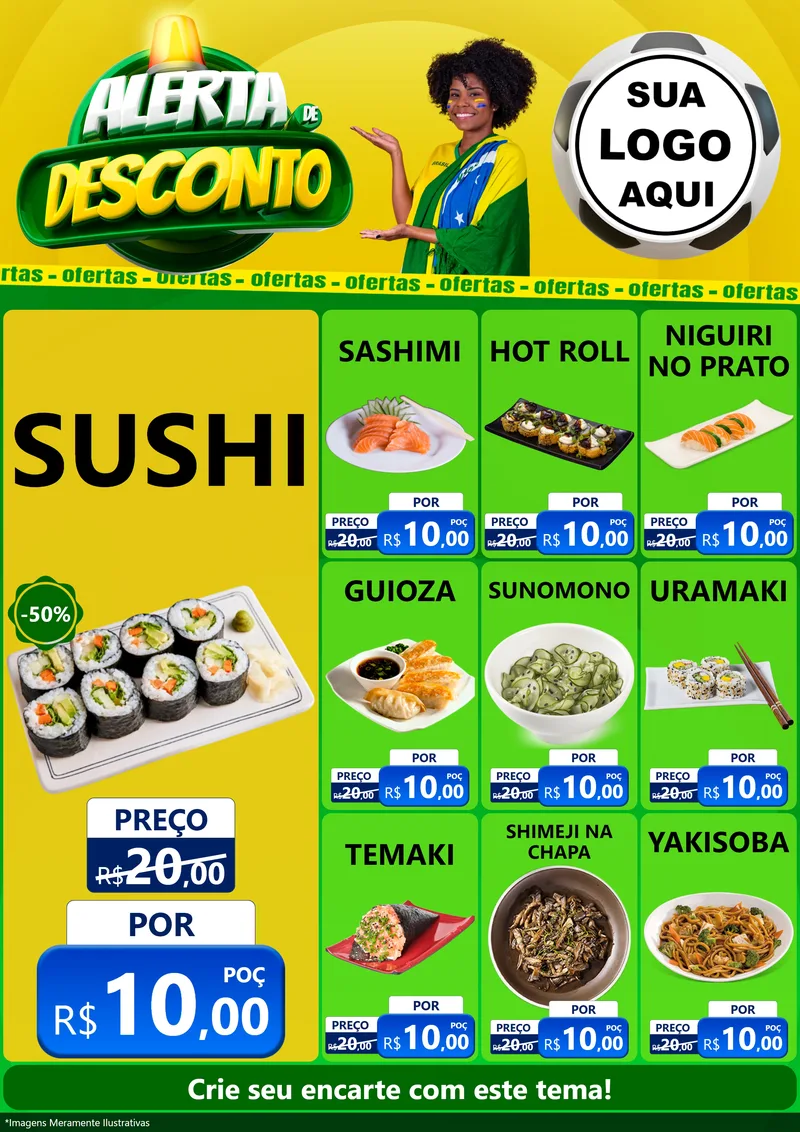 Modelo de Encarte para Encarte A4 Vertical com o tema Alerta de Desconto para Comida japonesa