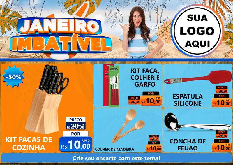 Modelo de Encarte para Encarte A4 Horizontal com o tema Janeiro Imbatível para Utilidades Domésticas