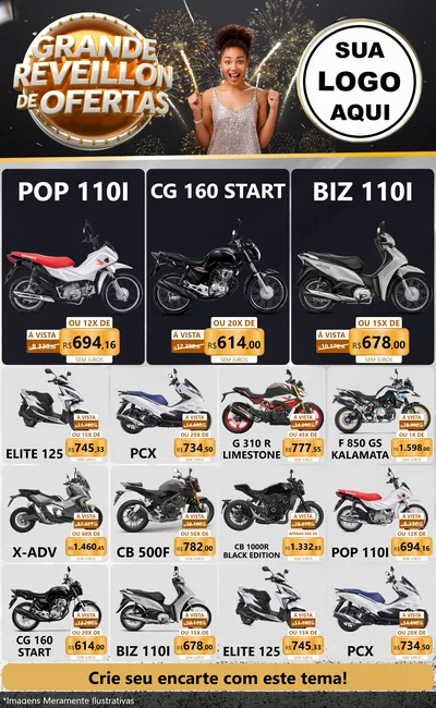 Modelo de Encarte para Encarte Grande com o tema Grande Réveillon de Ofertas para Concessionaria de Motos