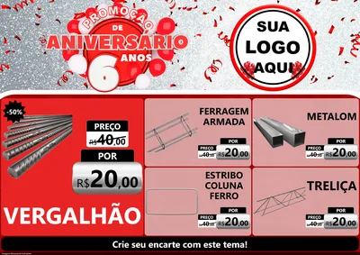 Modelo de Encarte para Encarte A4 Horizontal com o tema Promoção de Aniversário - 6 Anos para Ferragens