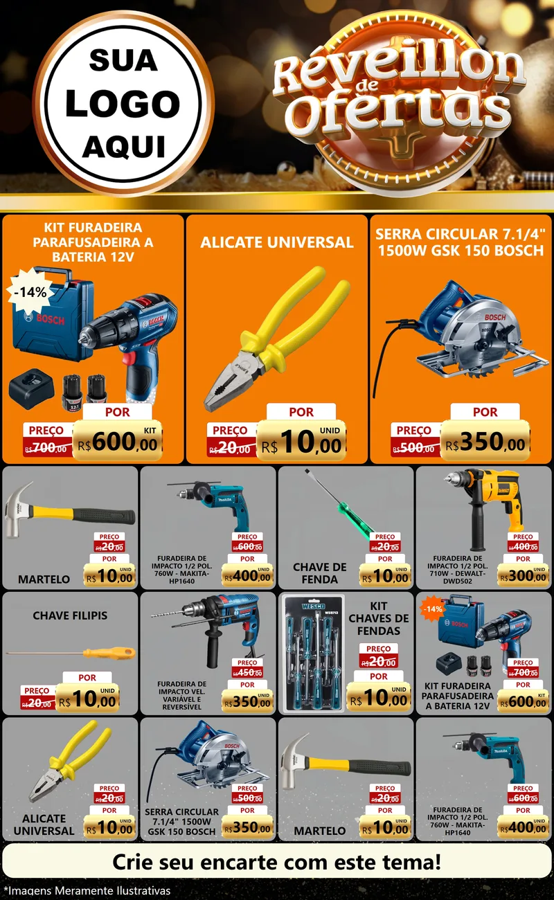 Modelo de Encarte para Encarte Grande com o tema Réveillon de Ofertas para Maquinas e Ferramentas
