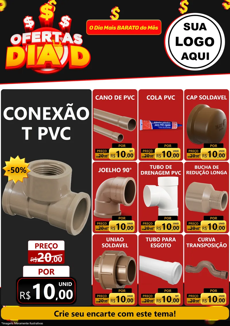 Modelo de Encarte para Encarte A4 Vertical com o tema Ofertas Dia D para Tubos e conexões