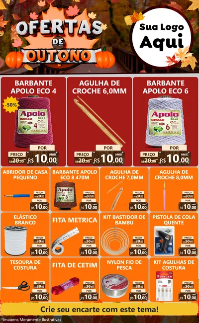 Modelo de Encarte para Encarte Grande com o tema Ofertas de Outono para Armarinho e Aviamentos