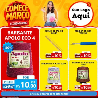 Modelo de Rede Social para Feed Facebook com o tema Comece Março Economizando para Armarinho e Aviamentos