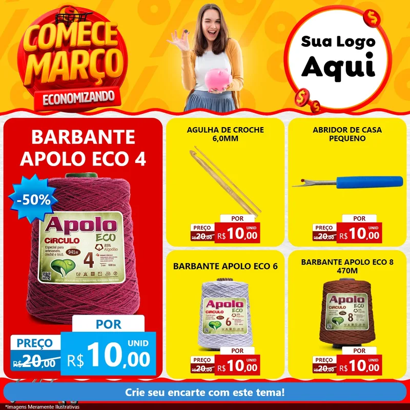 Modelo de Rede Social para Feed Facebook com o tema Comece Março Economizando para Armarinho e Aviamentos