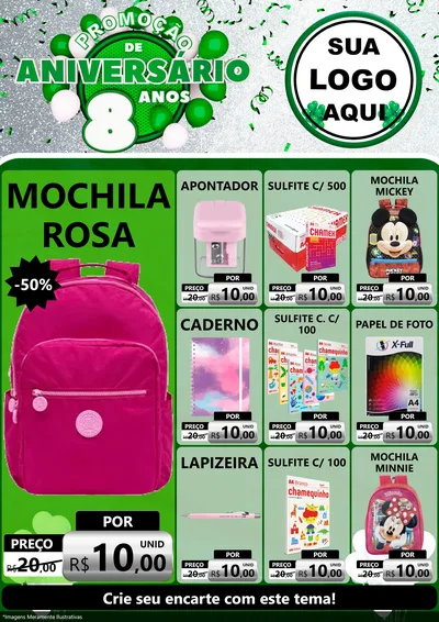 Modelo de Encarte para Encarte A4 Vertical com o tema Promoção de Aniversário - 8 Anos para Papelaria
