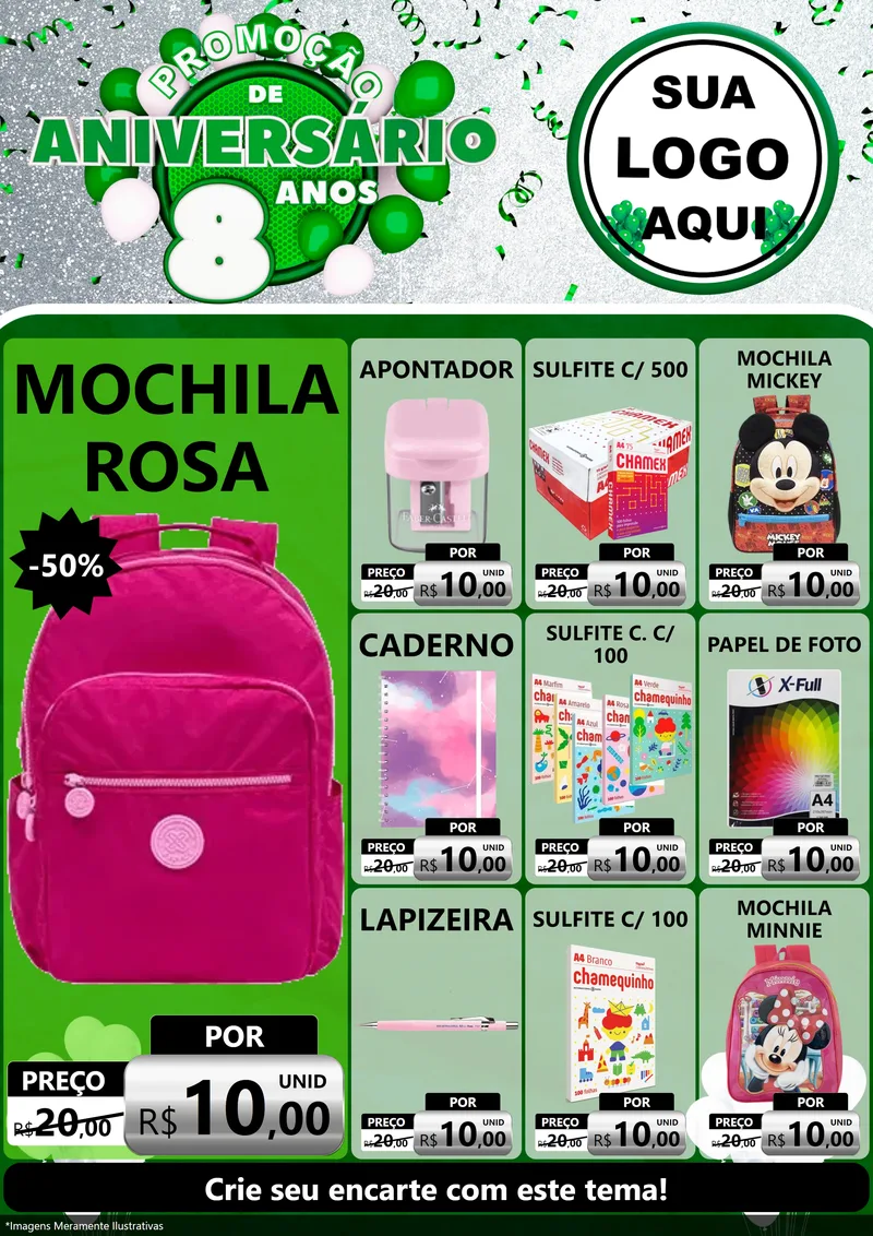 Modelo de Encarte para Encarte A4 Vertical com o tema Promoção de Aniversário - 8 Anos para Papelaria