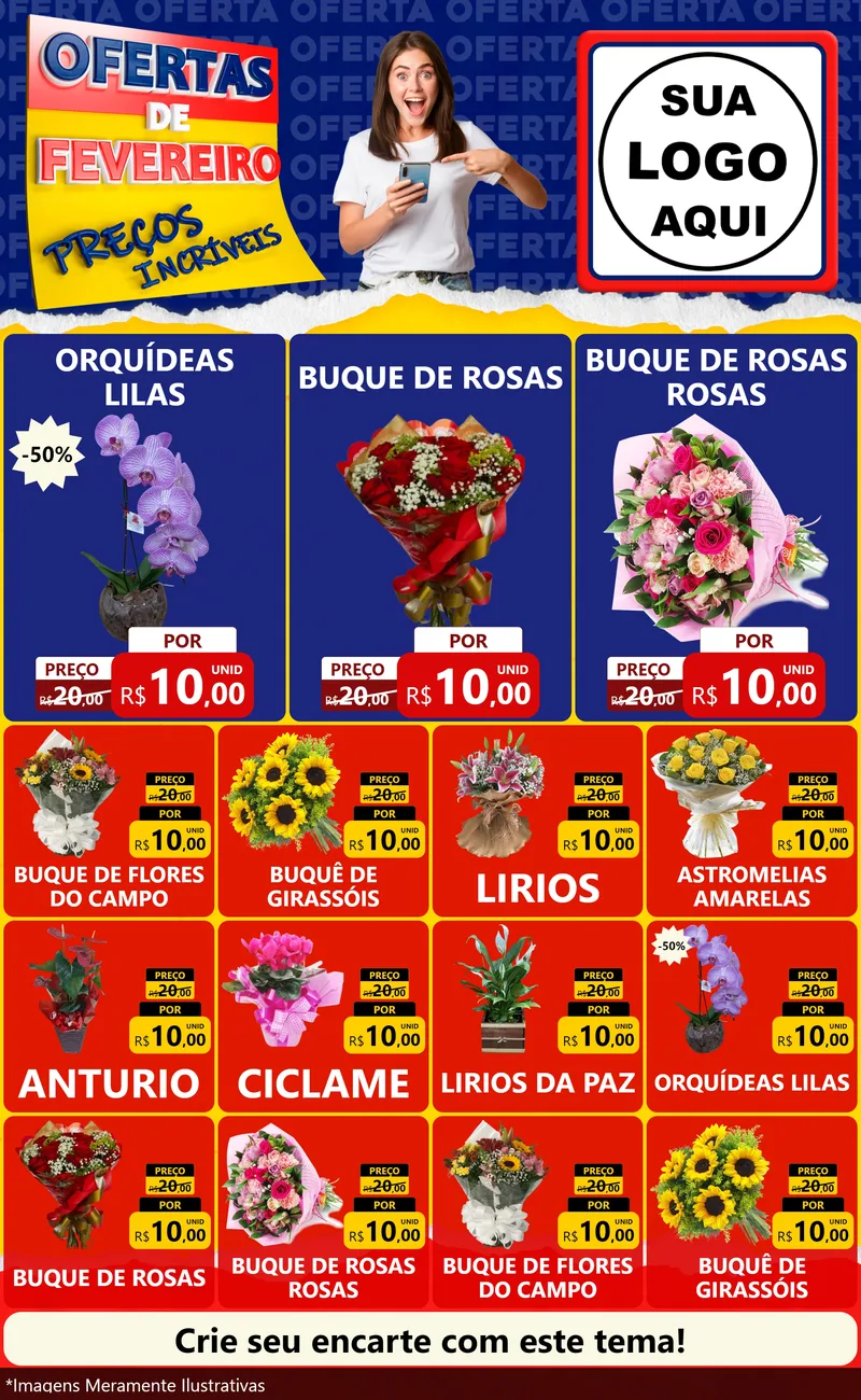 Modelo de Encarte para Encarte Grande com o tema Ofertas de Fevereiro - Preços Incríveis para Floricultura e jardim