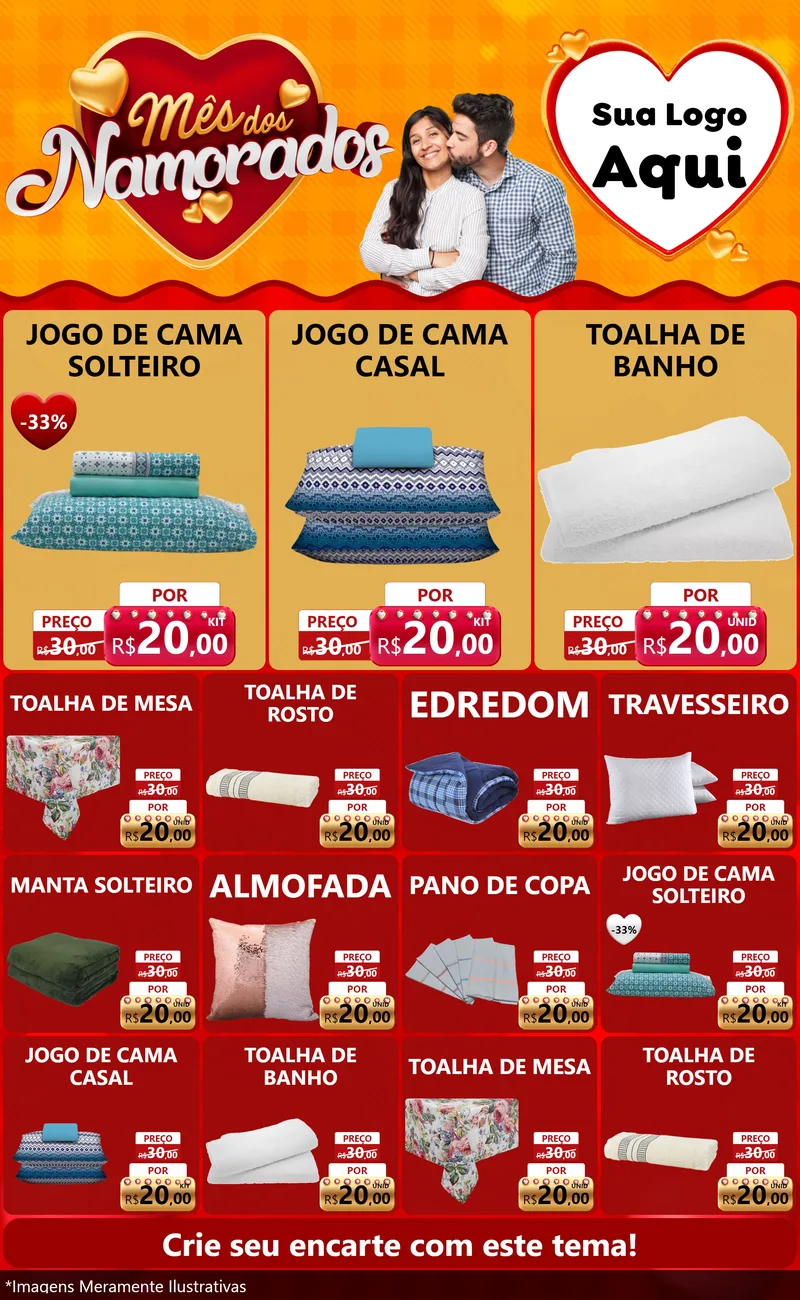 Modelo de Encarte para Encarte Grande com o tema Mês dos Namorados para Cama, Mesa e Banho