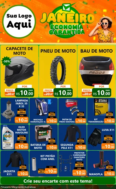 Modelo de Encarte para Encarte Grande com o tema Janeiro - Economia Garantida para Moto peças