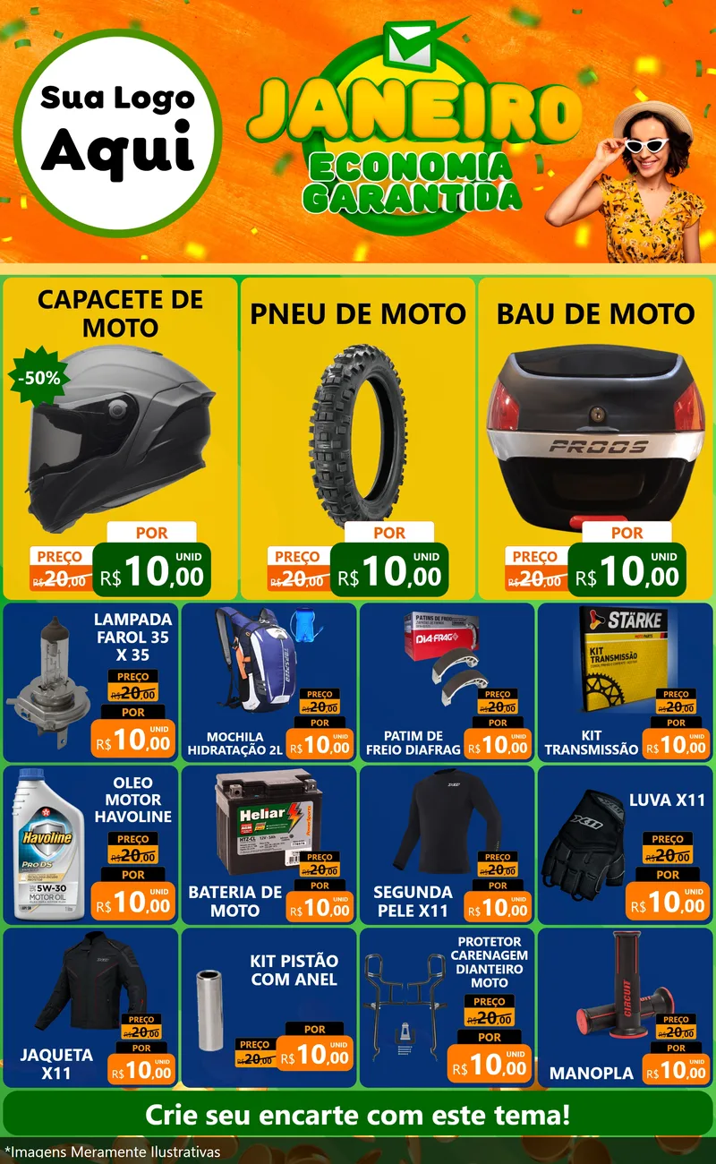 Modelo de Encarte para Encarte Grande com o tema Janeiro - Economia Garantida para Moto peças