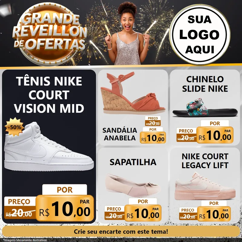 Modelo de Rede Social para Feed Facebook com o tema Grande Réveillon de Ofertas para Calçados