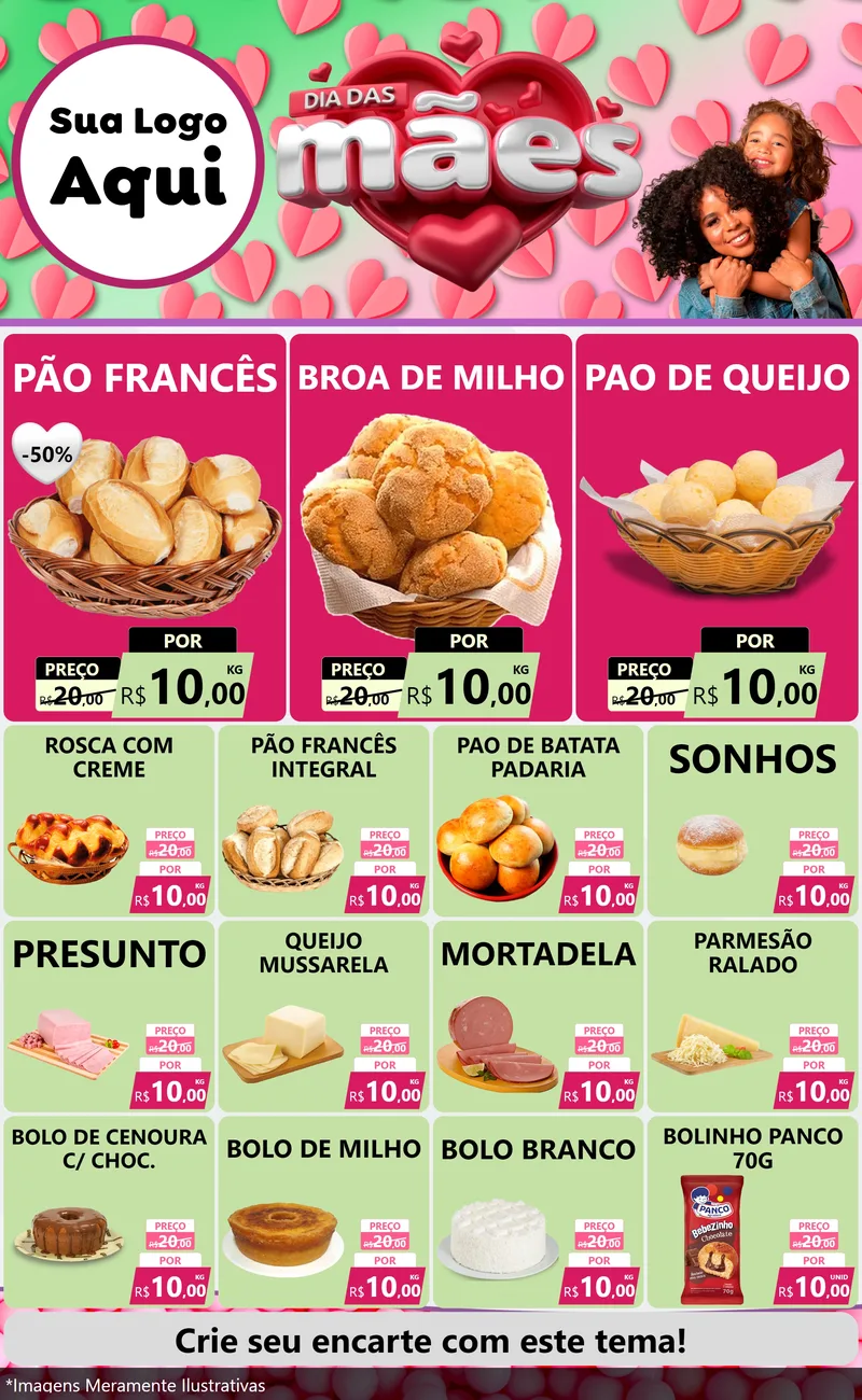Modelo de Encarte para Encarte Grande com o tema Dia das Mães para Padaria