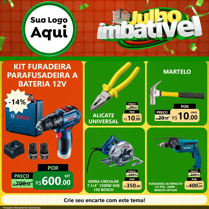Modelo de Rede Social para Feed Facebook com o tema Julho Imbatível para Maquinas e Ferramentas